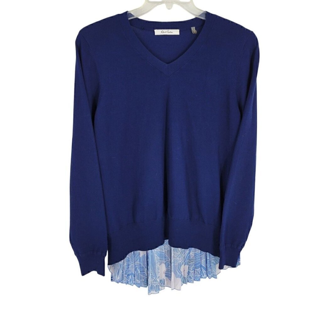 Robert Graham Blue Sweater Large Floral pleat back Boho feminine artsy